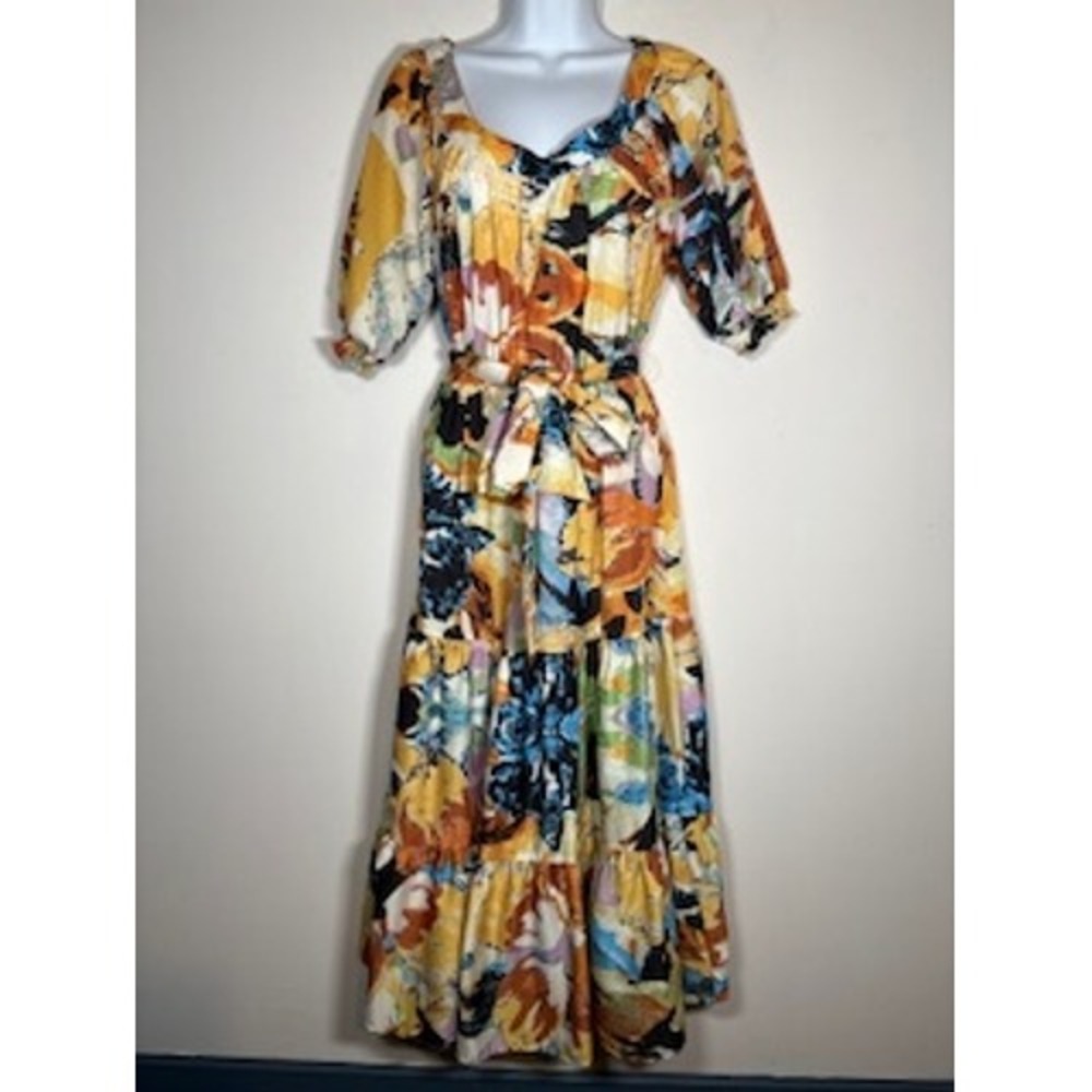 FLYING TOMATO Midi Dress Small Abstract Floral Tiered Boho Puff Sleeve Art Belt